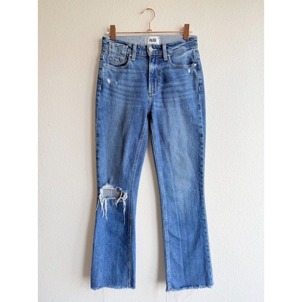 Paige Colette Crop Flare Jeans in Blaine Destructed Blue Stretch Denim size 25